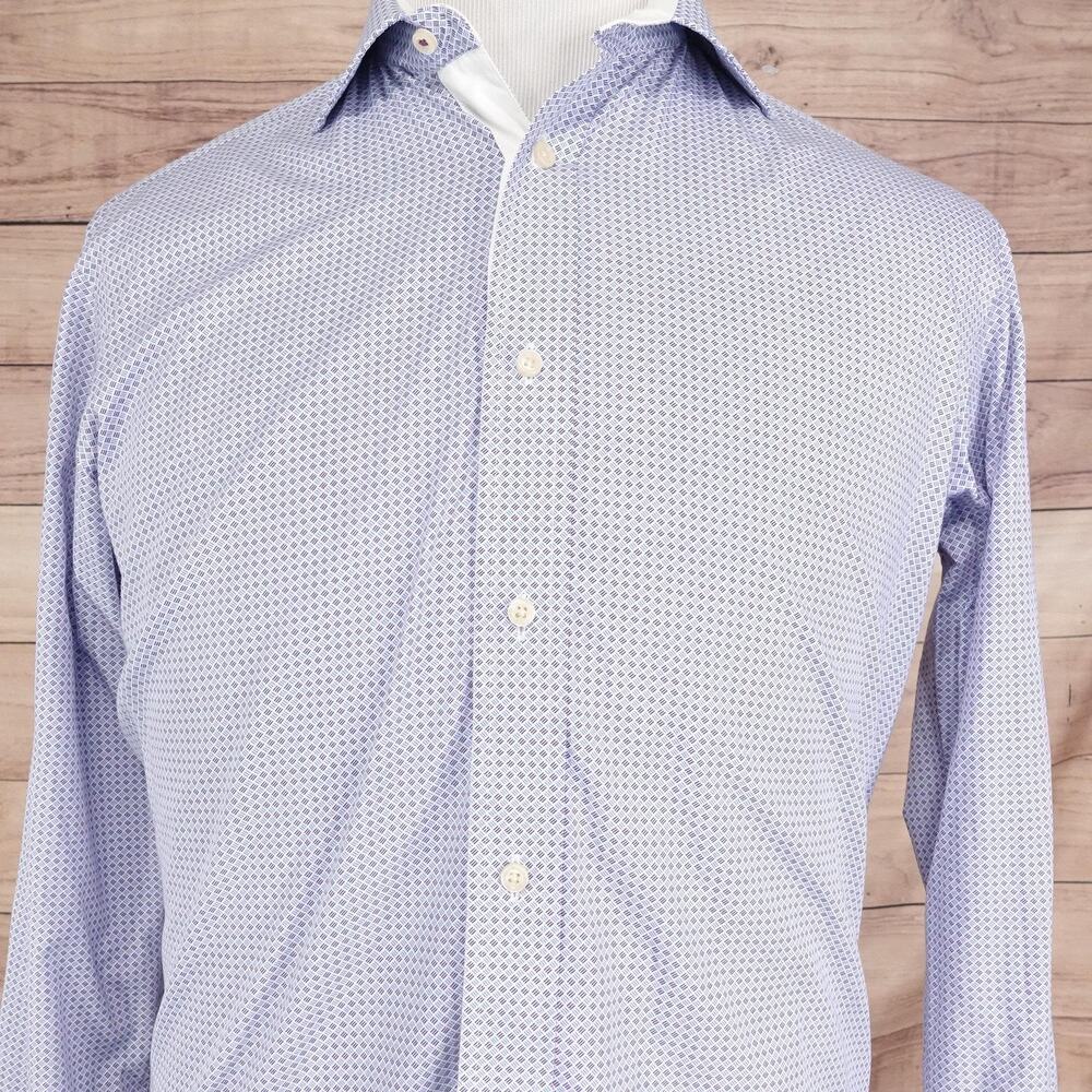Ted Baker Dress Shirt Mens 16 Blue Geometric Classic Fit French Cuff Long Sleeve